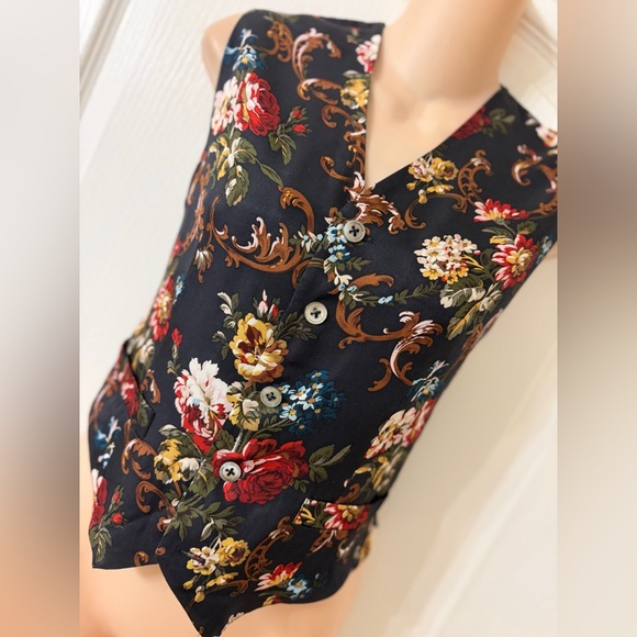 Vintage Classiques For Nordstrom Black Floral 100% Silk Button-Up Vest, Size S - Picture 5 of 11